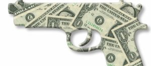 Handgun made of dollar bills, symbolizing high-stakes money in an LLC member standing to sue case